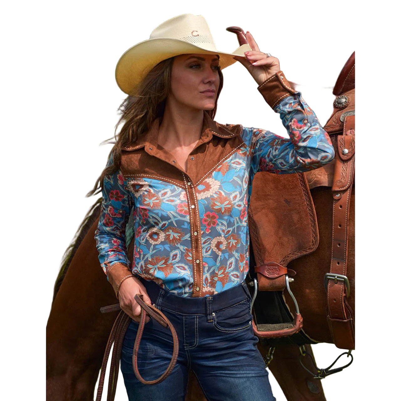 Cowgirl Tuff Women's Pullover Button-Up Long Sleeve Shirt - Floral & Brown Suede