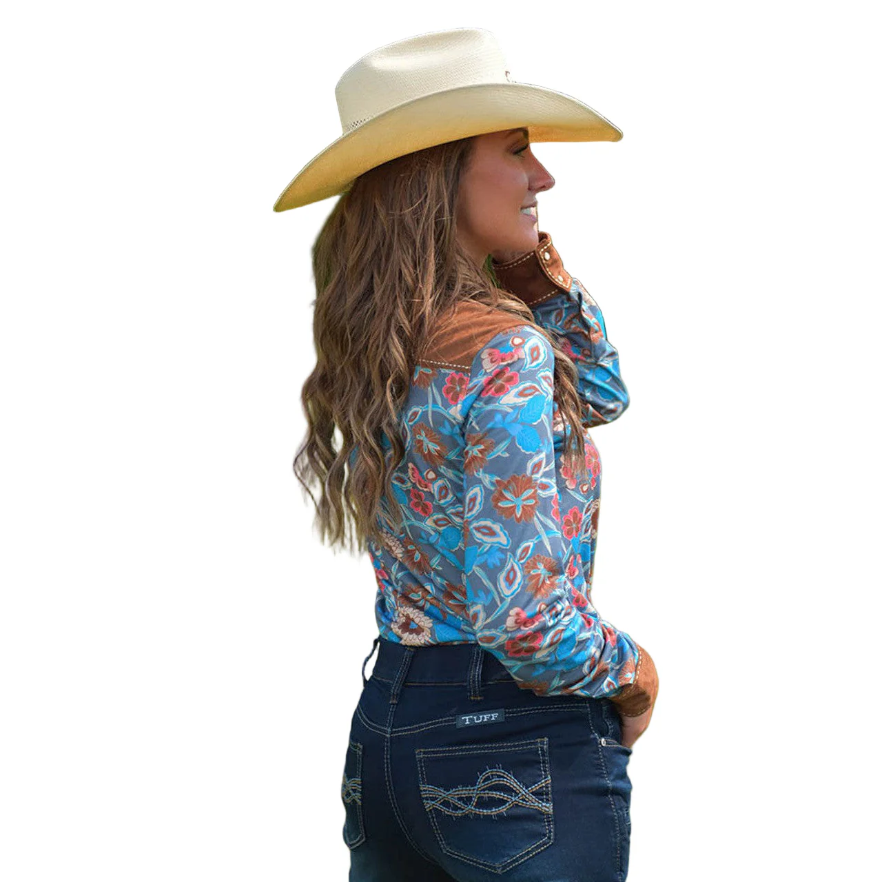 Cowgirl Tuff Women's Pullover Button-Up Long Sleeve Shirt - Floral & Brown Suede - Image 2