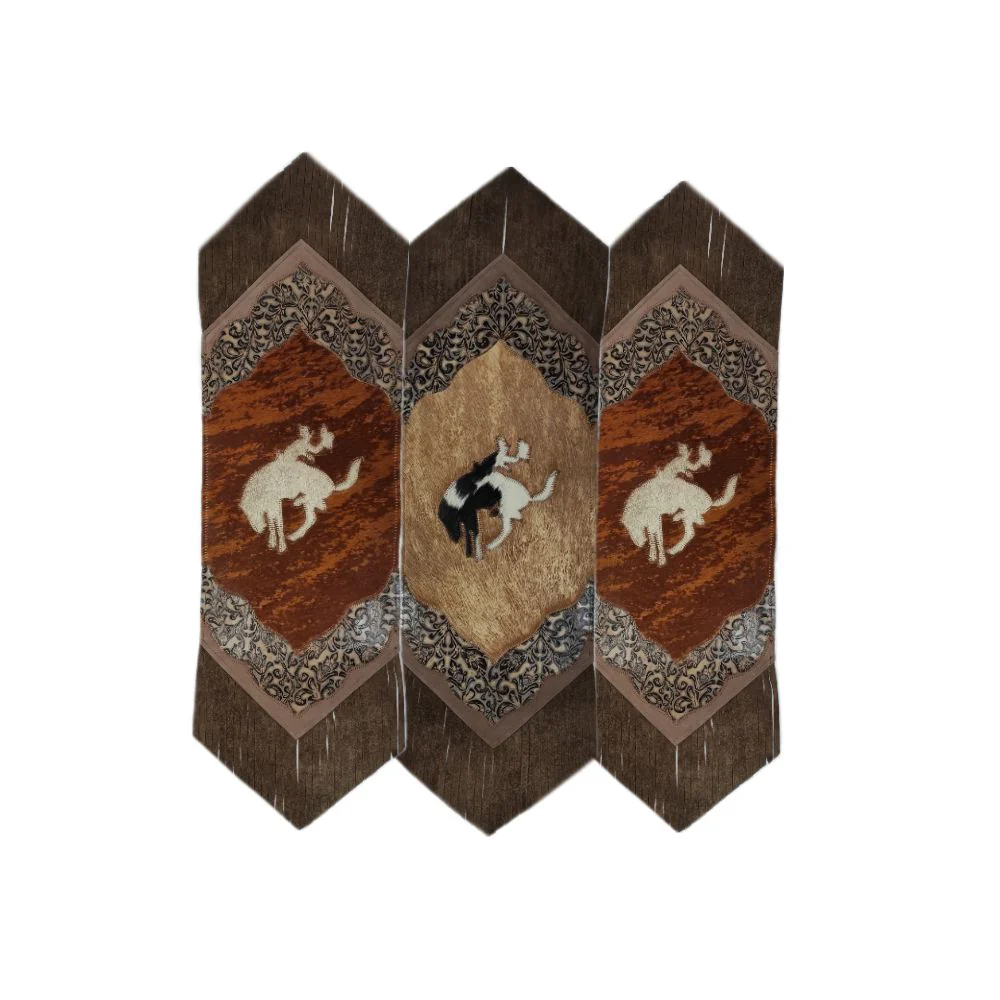 D2W Trading Mini Table Runner Bucking Horse with Floral Details and Fringe- Tan