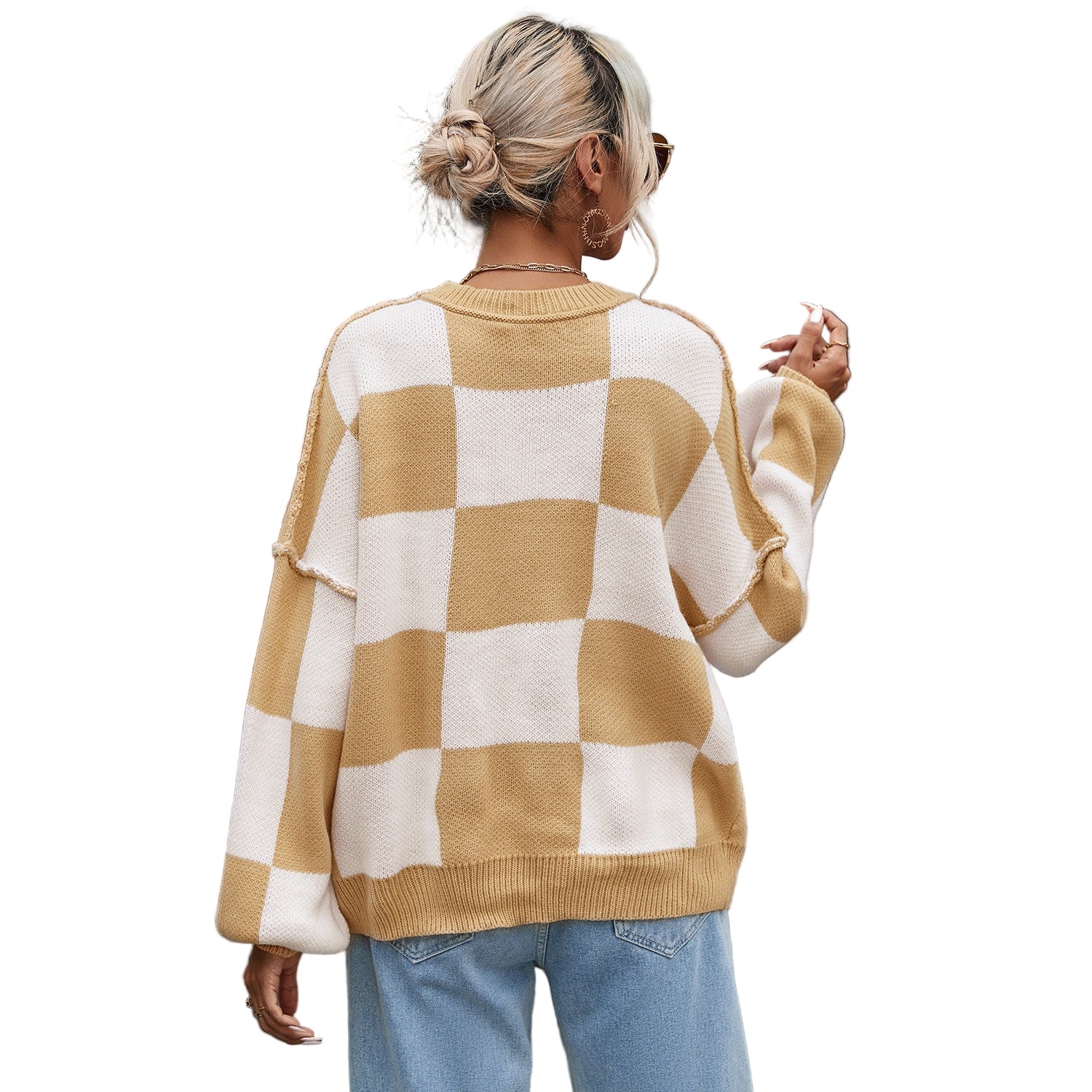 Dear Lover Women's Checkered Bishop Sleeve Sweater - Khaki - Image 2