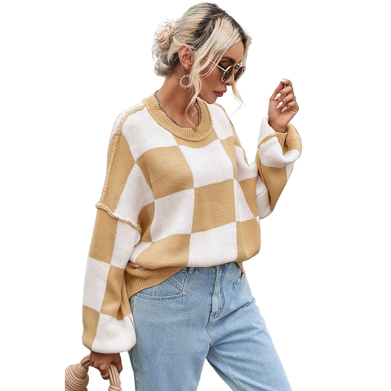 Dear Lover Women's Checkered Bishop Sleeve Sweater - Khaki - Image 3