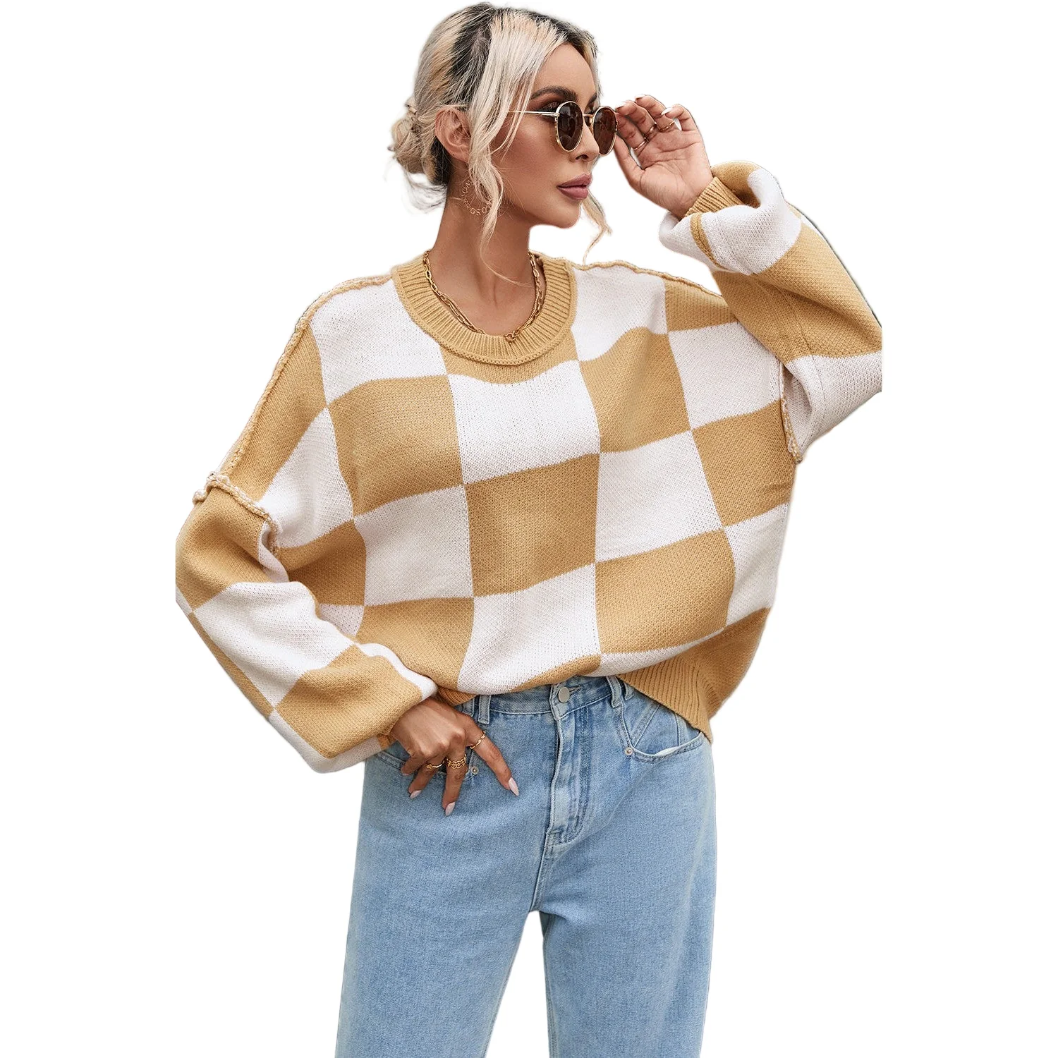 Dear Lover Women's Checkered Bishop Sleeve Sweater - Khaki - Image 4