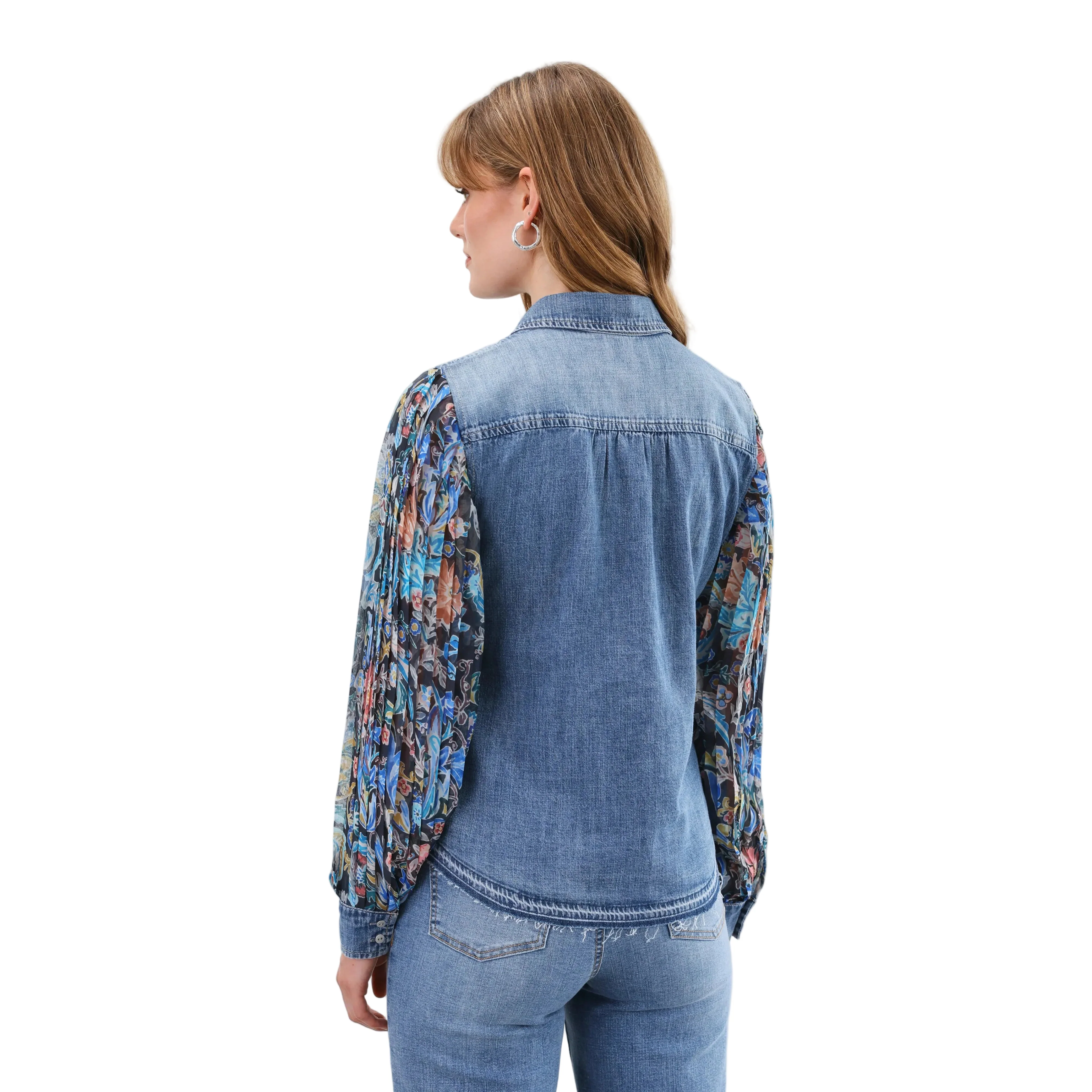 FDJ Women's Long Pleated Long Sleeve Chambray Shirt- Watercolor Damask - Image 2