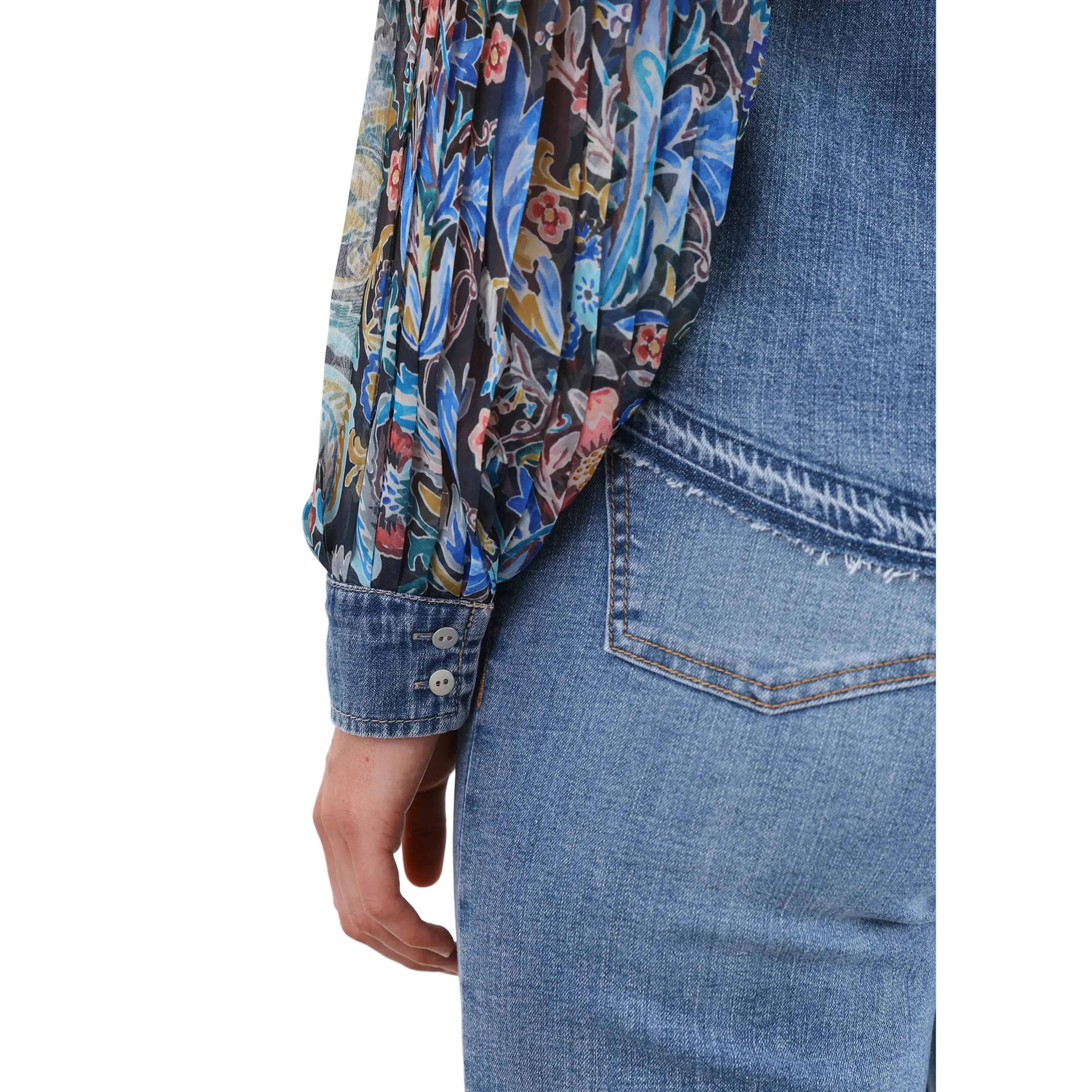 FDJ Women's Long Pleated Long Sleeve Chambray Shirt- Watercolor Damask - Image 3