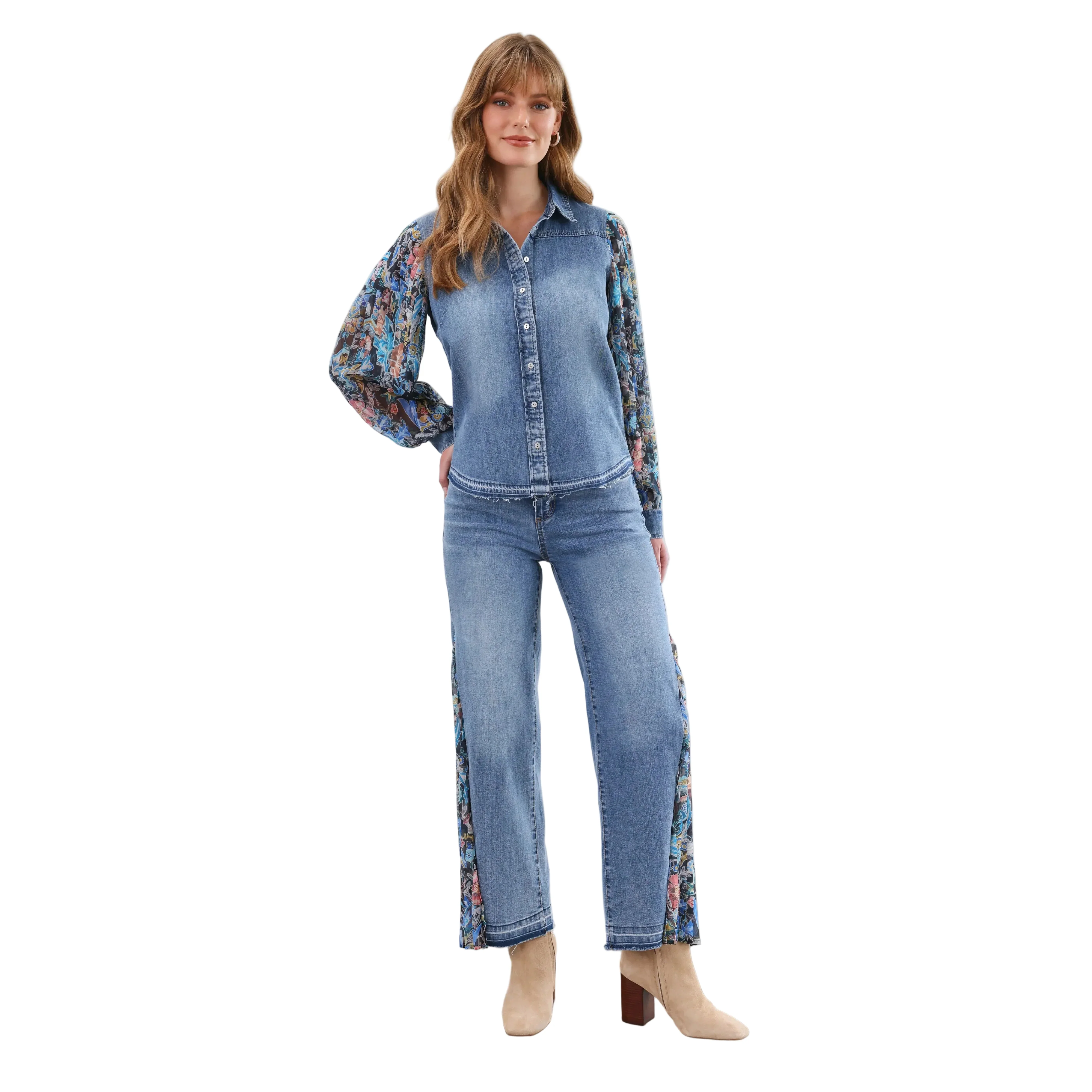 FDJ Women's Long Pleated Long Sleeve Chambray Shirt- Watercolor Damask - Image 4