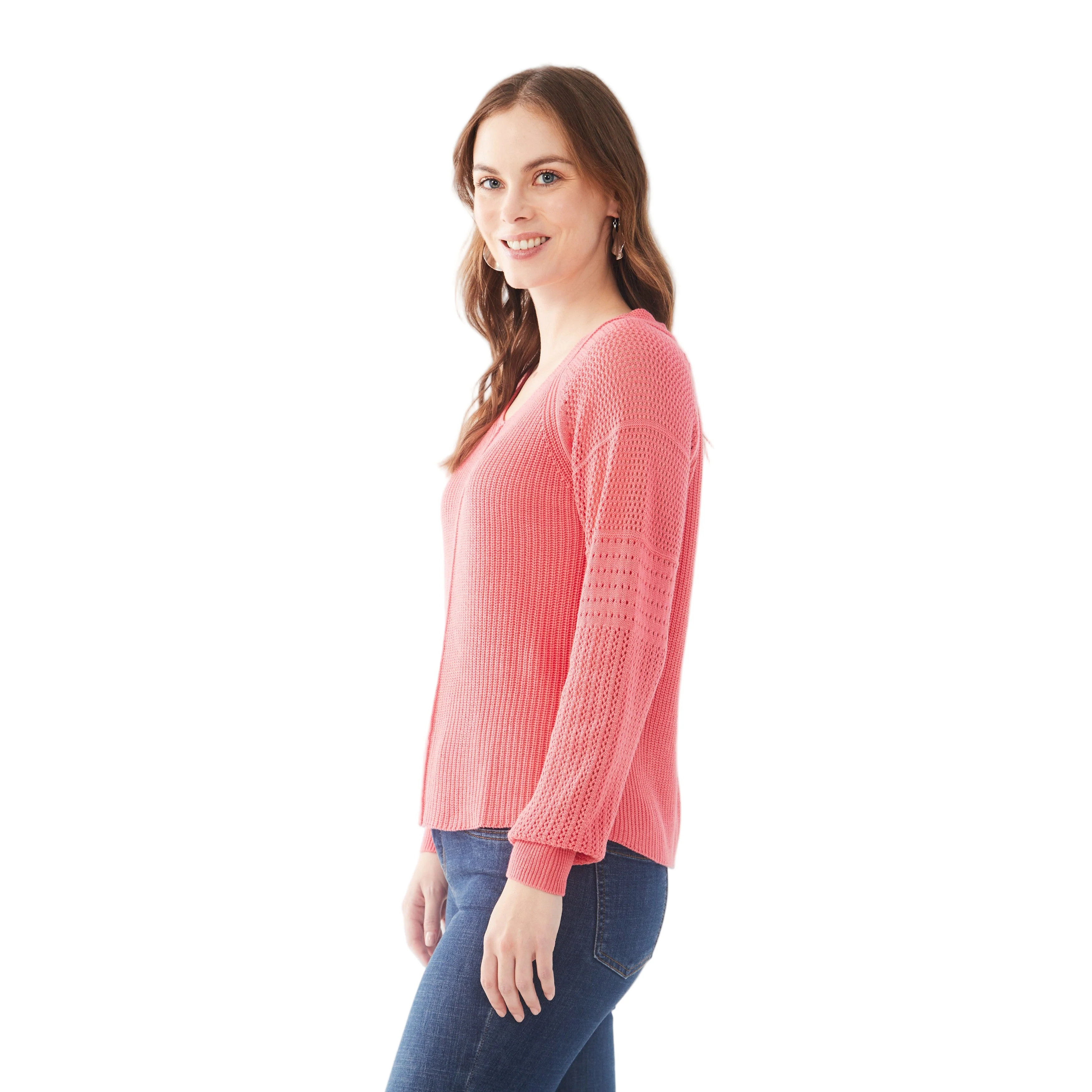 FDJ Women's Long Pointelle Sleeve V-Neck Sweater - Assorted Colours - Image 12
