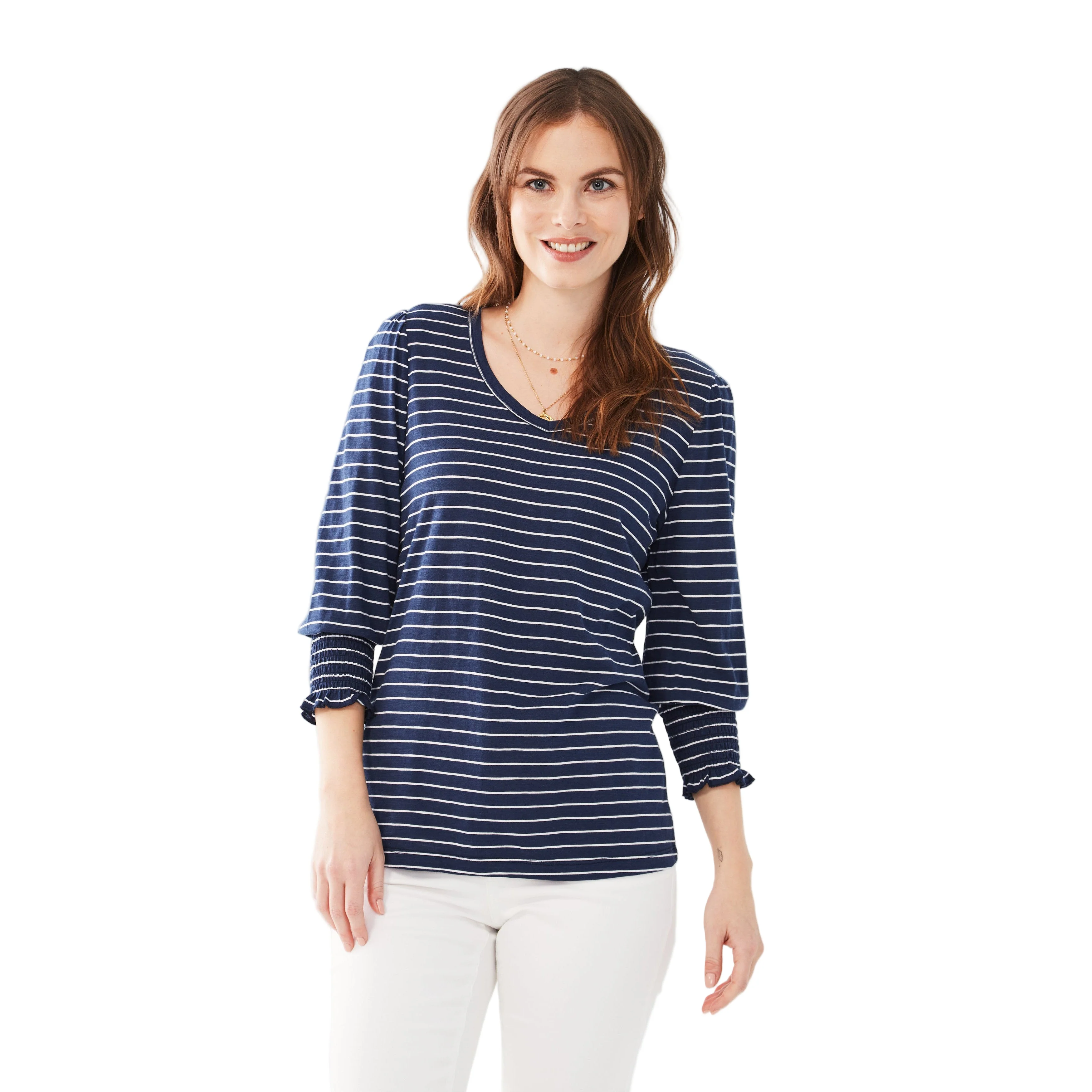 FDJ Women's V-Neck Top w/Smocked Cuffs - Navy Stripe