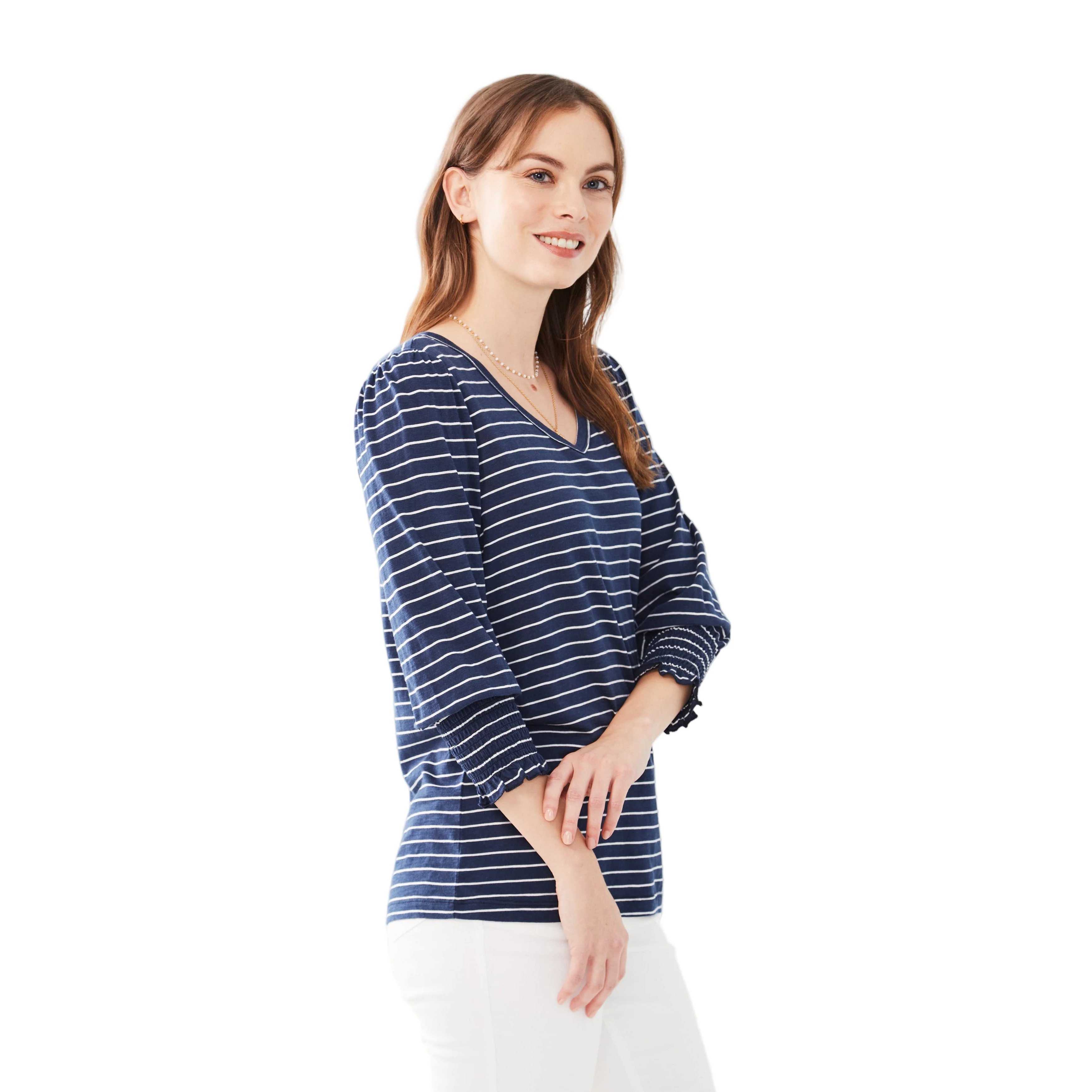 FDJ Women's V-Neck Top w/Smocked Cuffs - Navy Stripe - Image 2