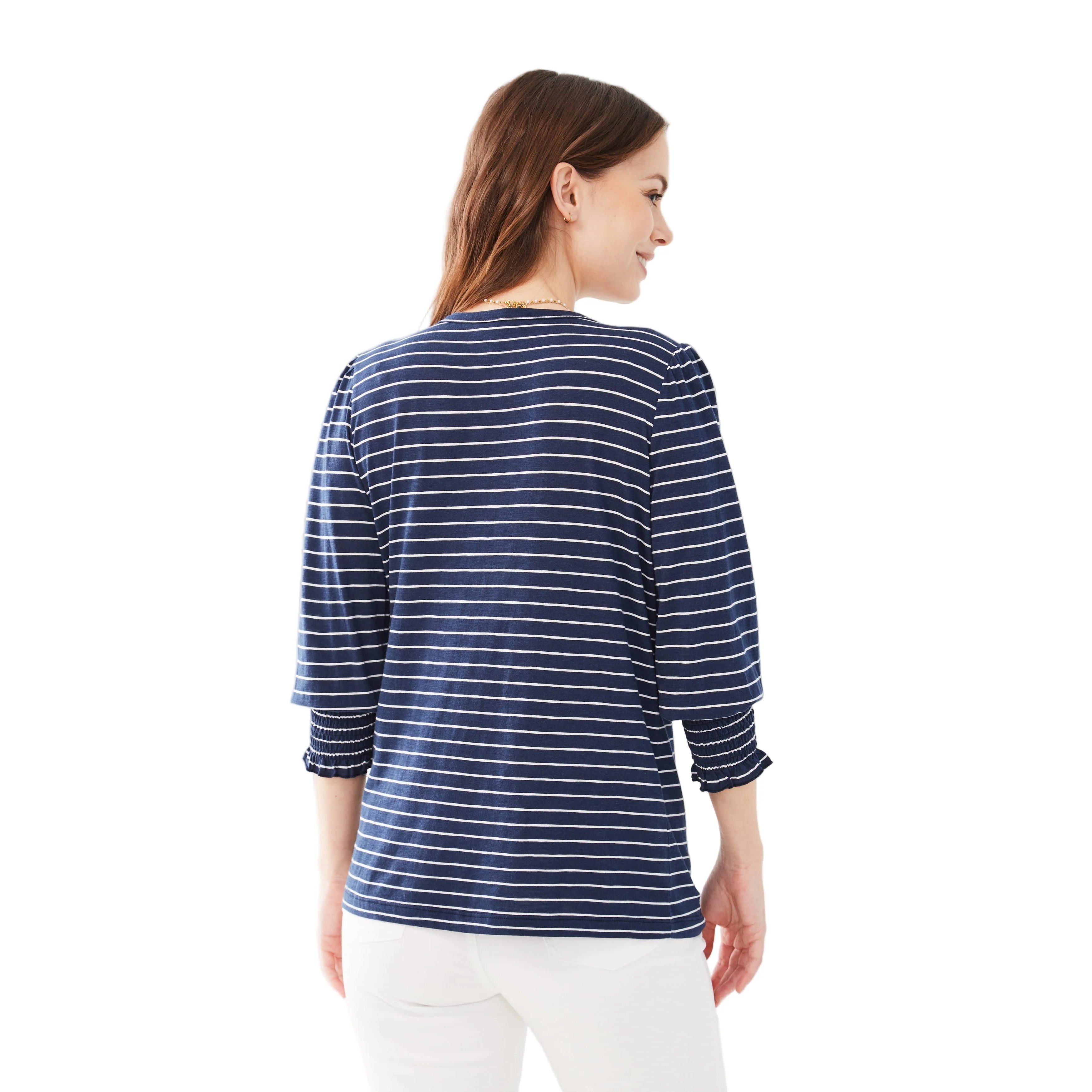 FDJ Women's V-Neck Top w/Smocked Cuffs - Navy Stripe - Image 3