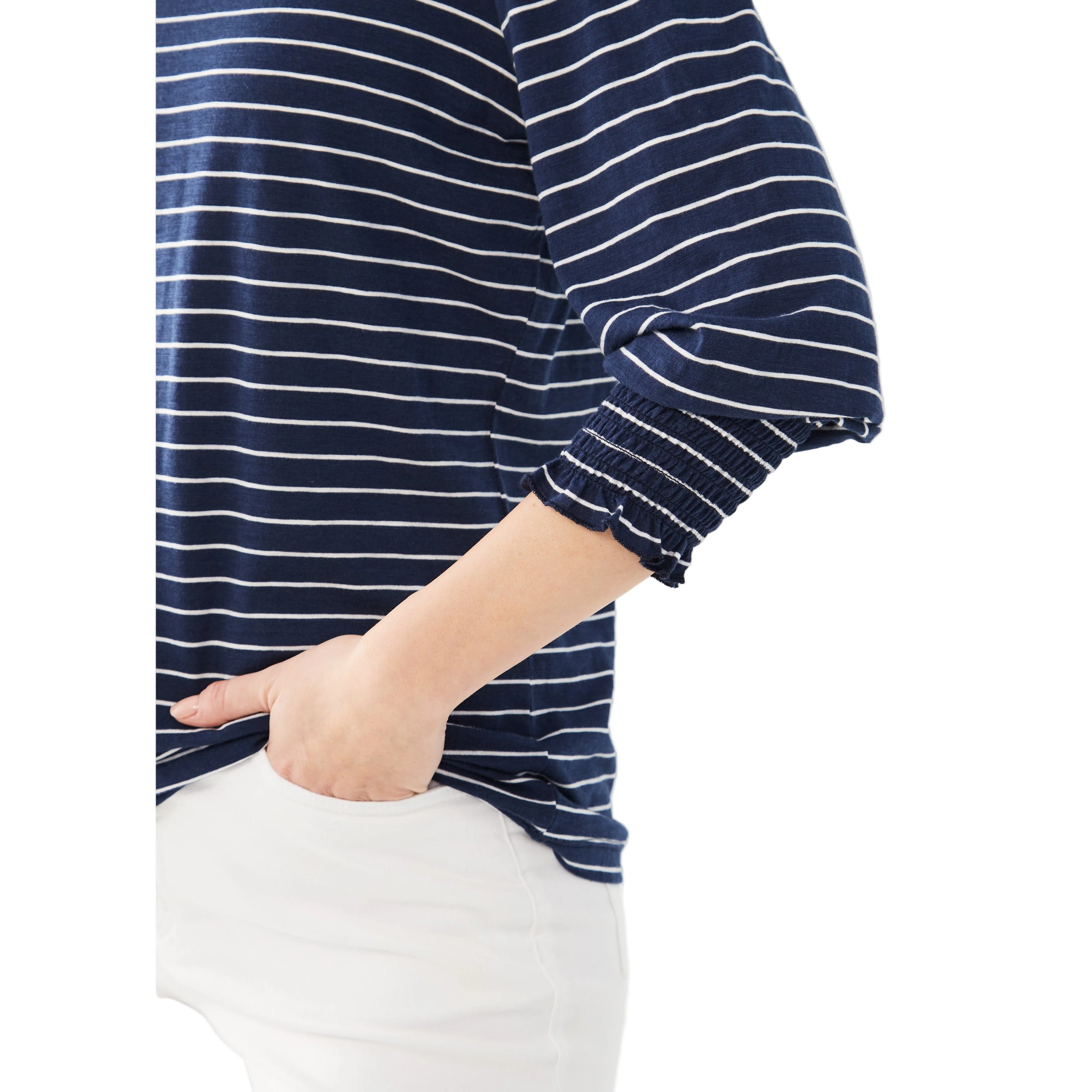 FDJ Women's V-Neck Top w/Smocked Cuffs - Navy Stripe - Image 4