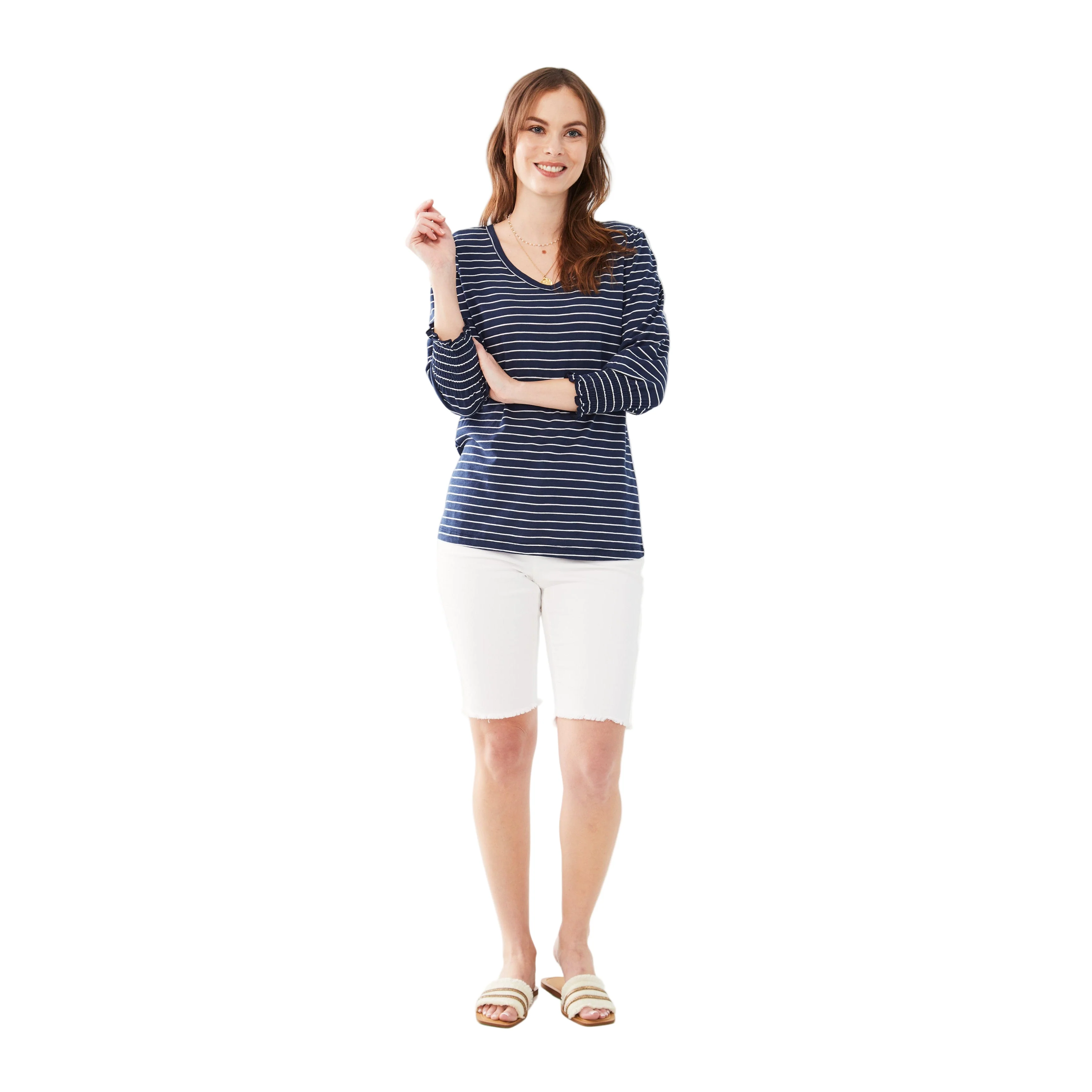 FDJ Women's V-Neck Top w/Smocked Cuffs - Navy Stripe - Image 5