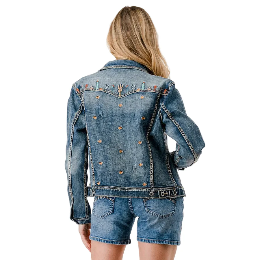 Grace in LA Women's Cactus Embroidered Denim Jacket - Medium Blue - Image 2