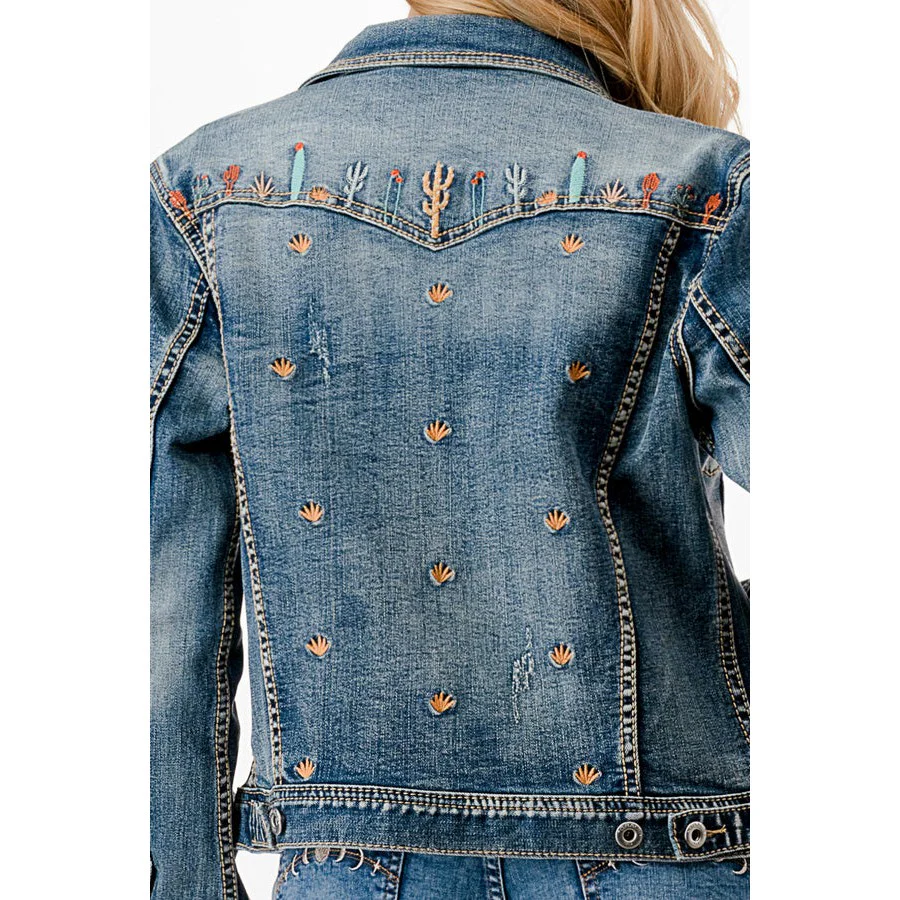 Grace in LA Women's Cactus Embroidered Denim Jacket - Medium Blue - Image 3