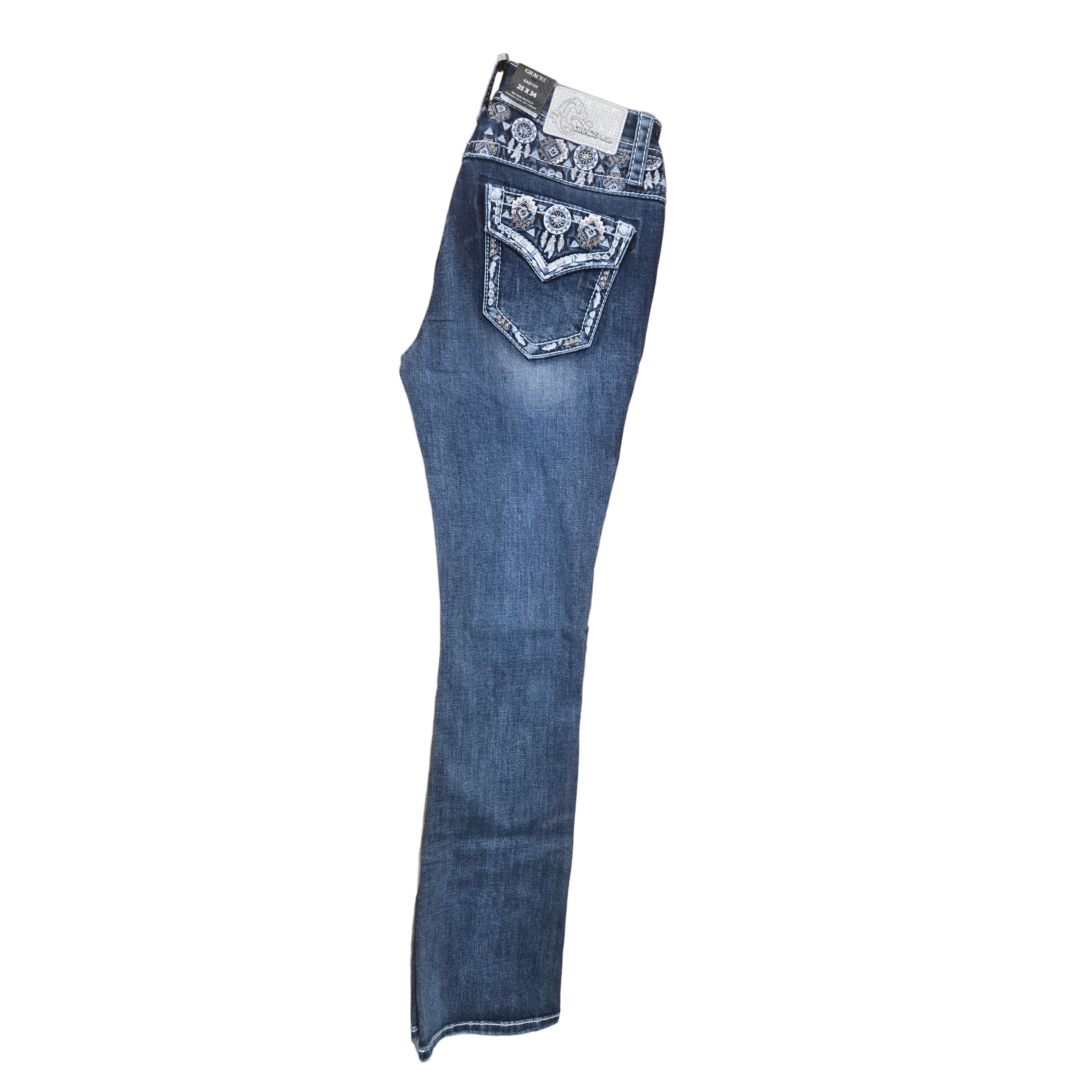 Grace in LA Women's Aztec Faux  Bootcut Jeans - Blue