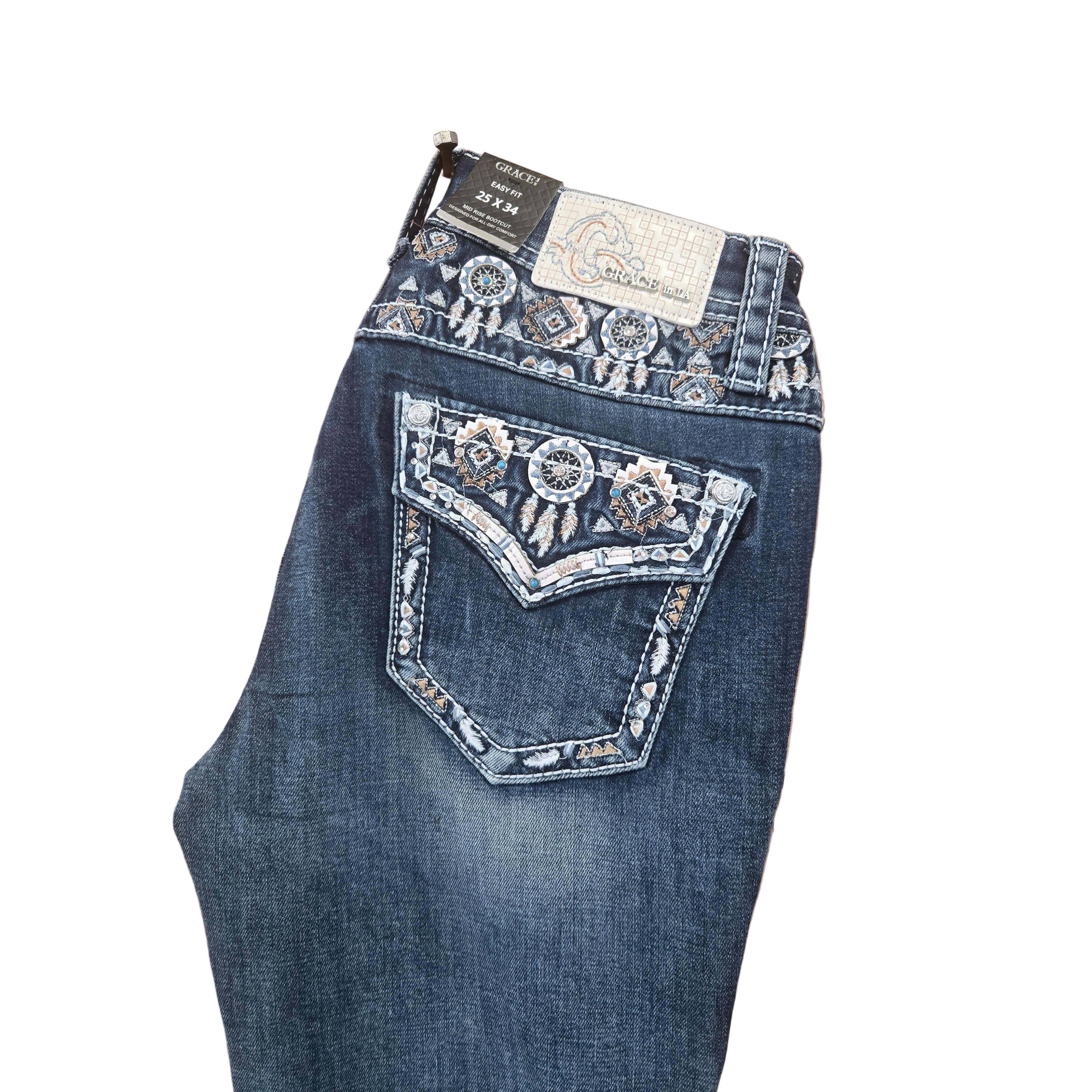 Grace in LA Women's Aztec Faux  Bootcut Jeans - Blue - Image 2
