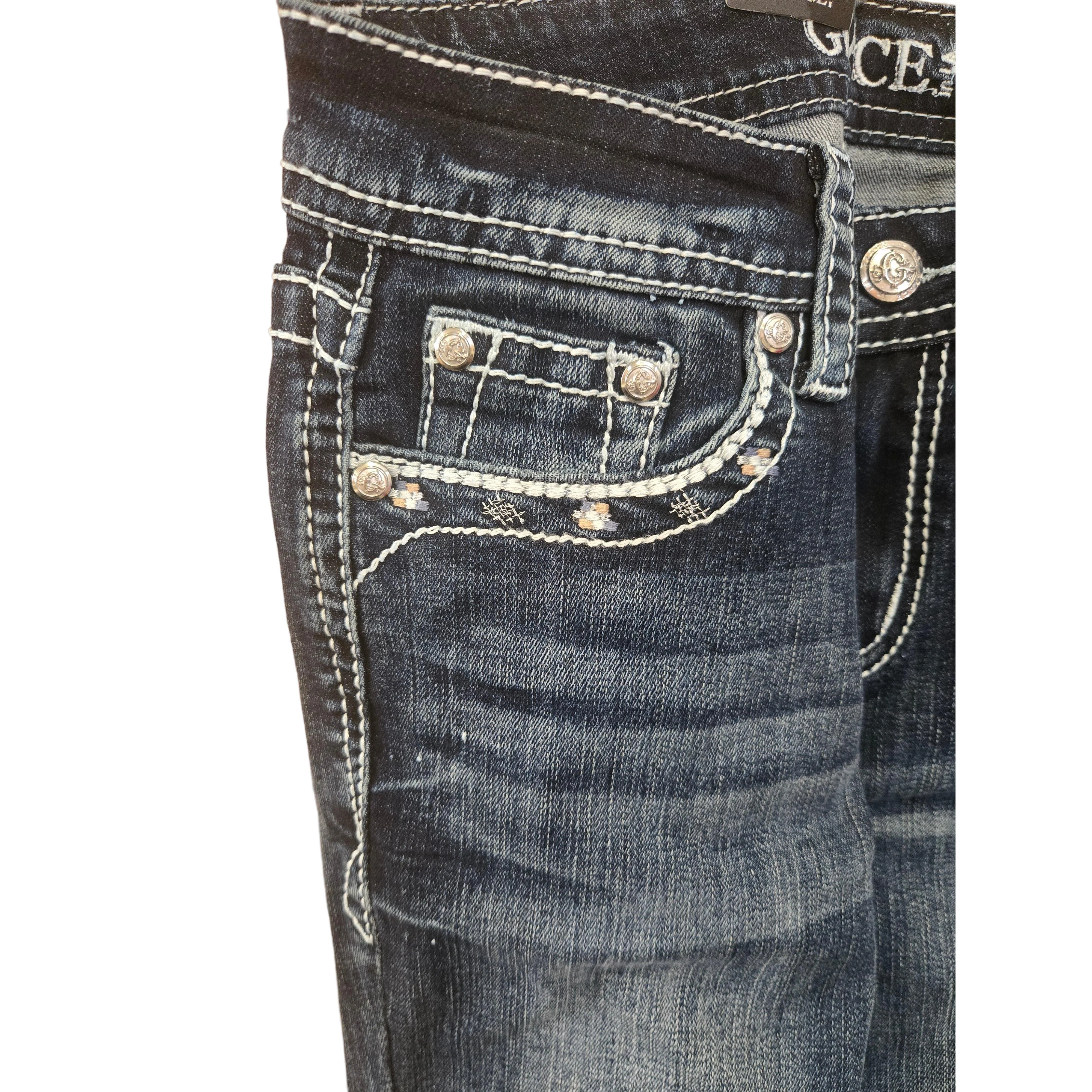 Grace in LA Women's Aztec Midrise Bootcut Jeans- Blue