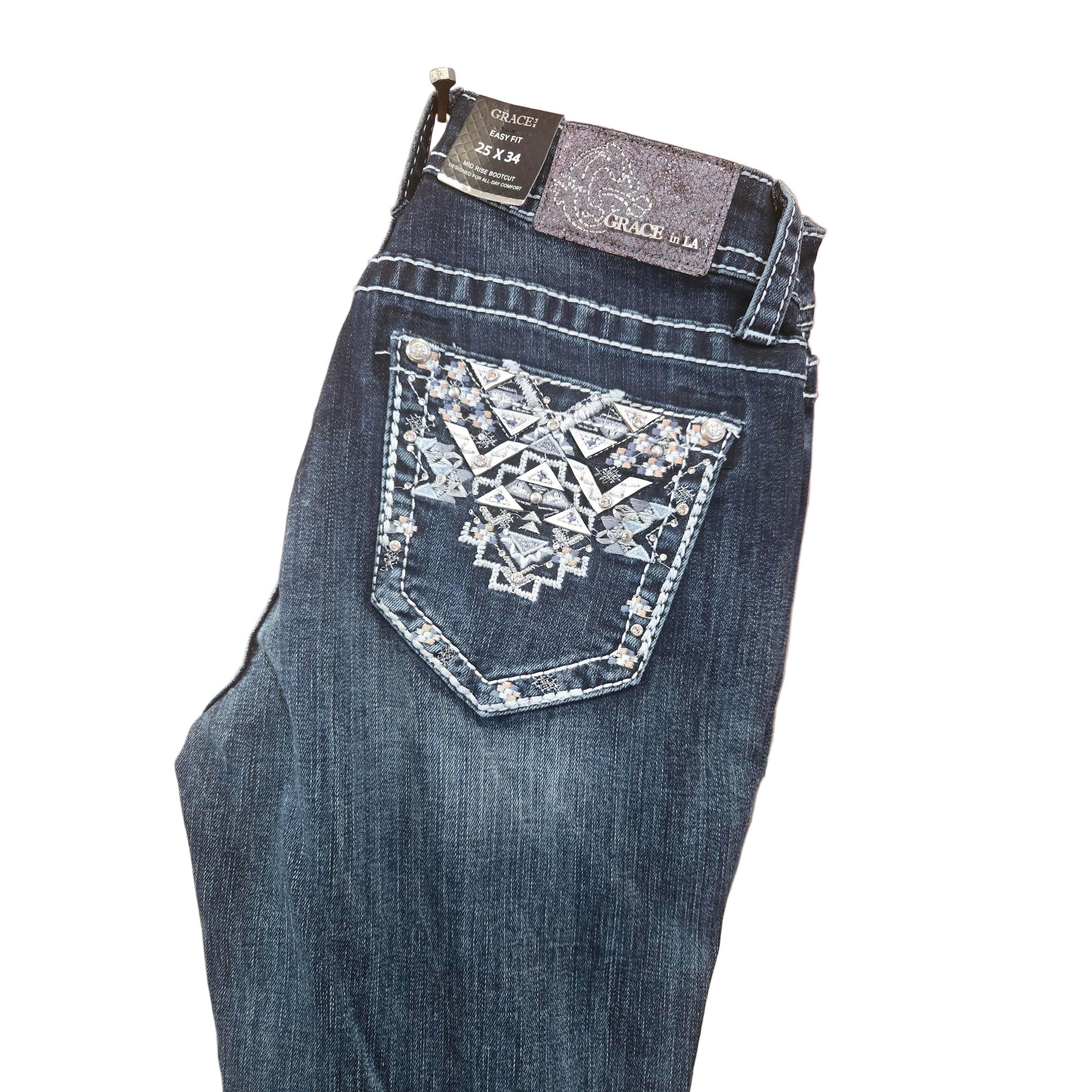 Grace in LA Women's Aztec Midrise Bootcut Jeans- Blue - Image 2