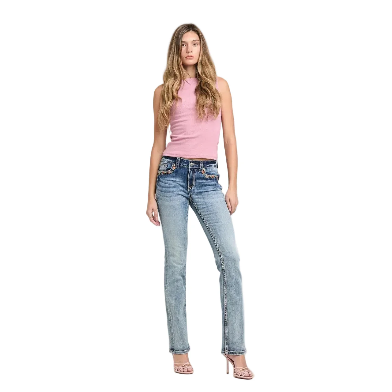 Grace in LA Women's Butterfly Embroidery Midrise Bootcut Jeans
