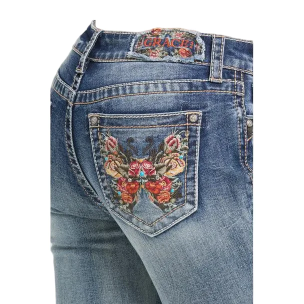 Grace in LA Women's Butterfly Embroidery Midrise Bootcut Jeans - Image 2
