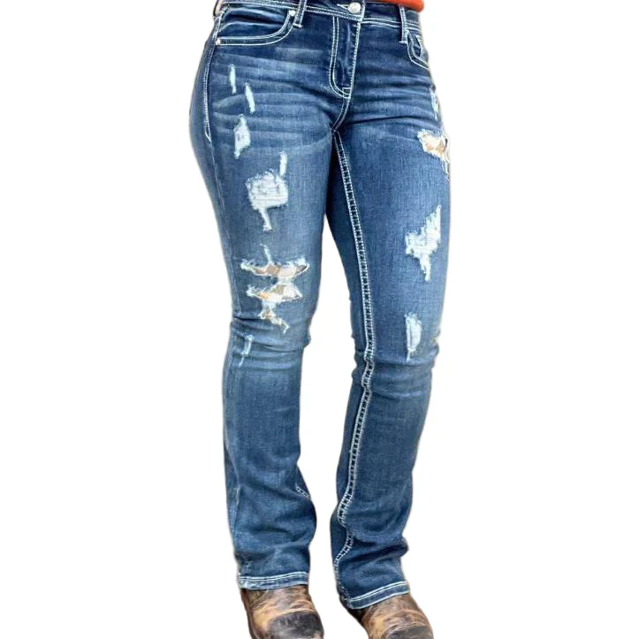 Grace in LA Women's Easy Fit Distressed Sequin Boot Cut Jeans