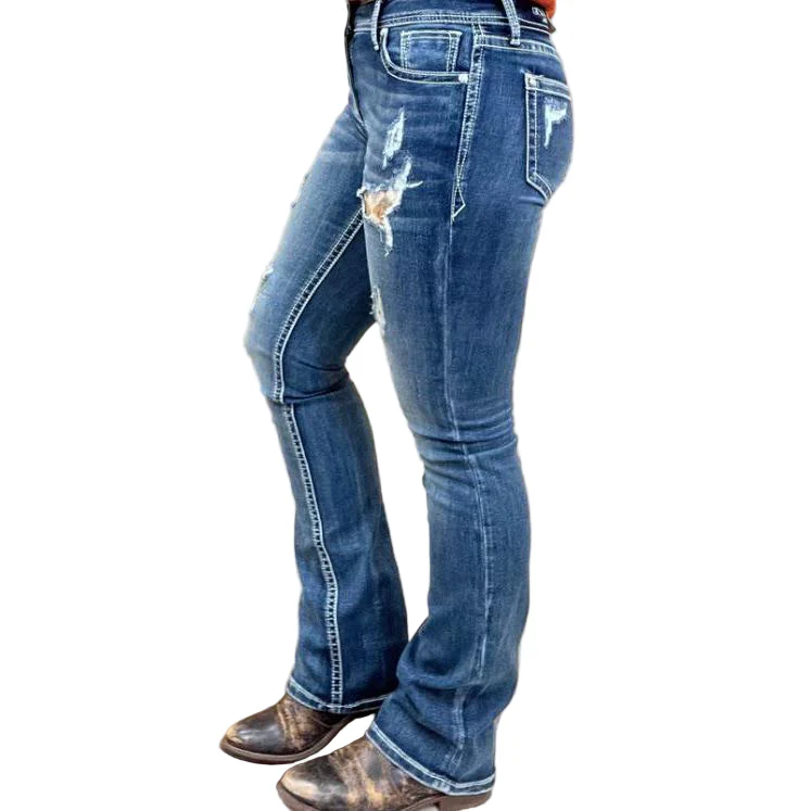 Grace in LA Women's Easy Fit Distressed Sequin Boot Cut Jeans - Image 2