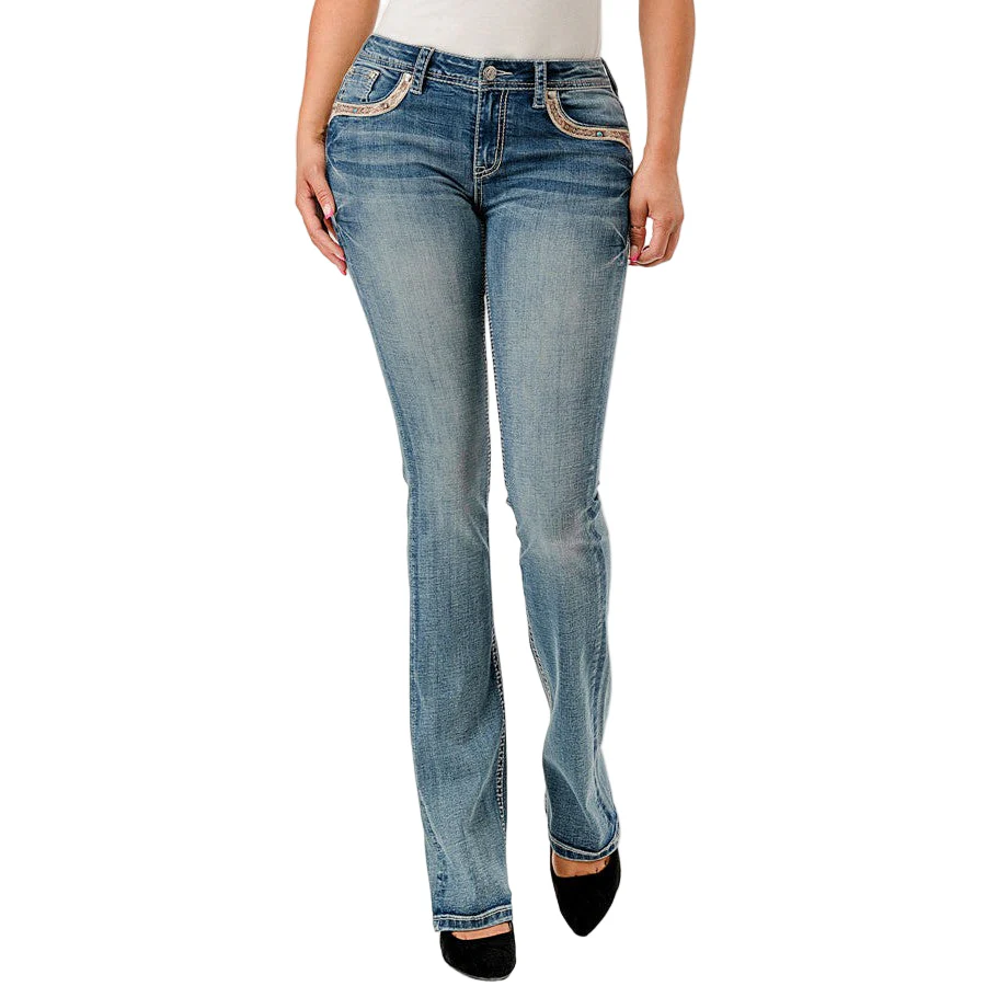 Grace in LA Women's  Embroidered Aztec Cowhide Easy Bootcut Jeans - Medium Blue - Image 2