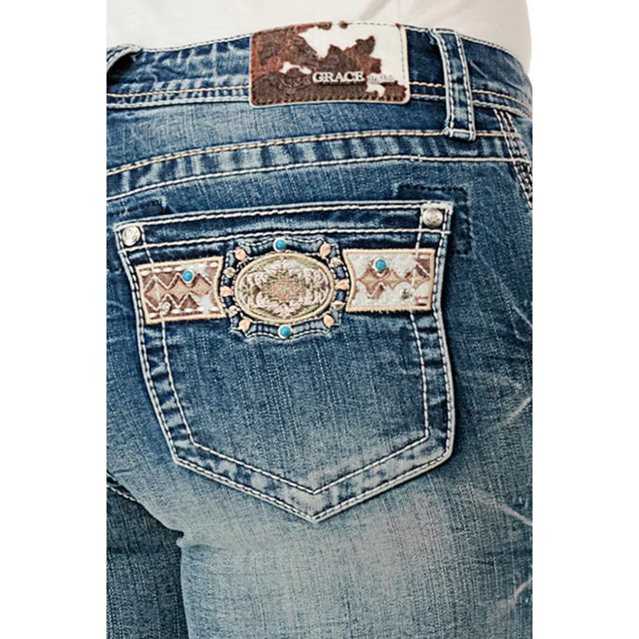 Grace in LA Women's  Embroidered Aztec Cowhide Easy Bootcut Jeans - Medium Blue - Image 3