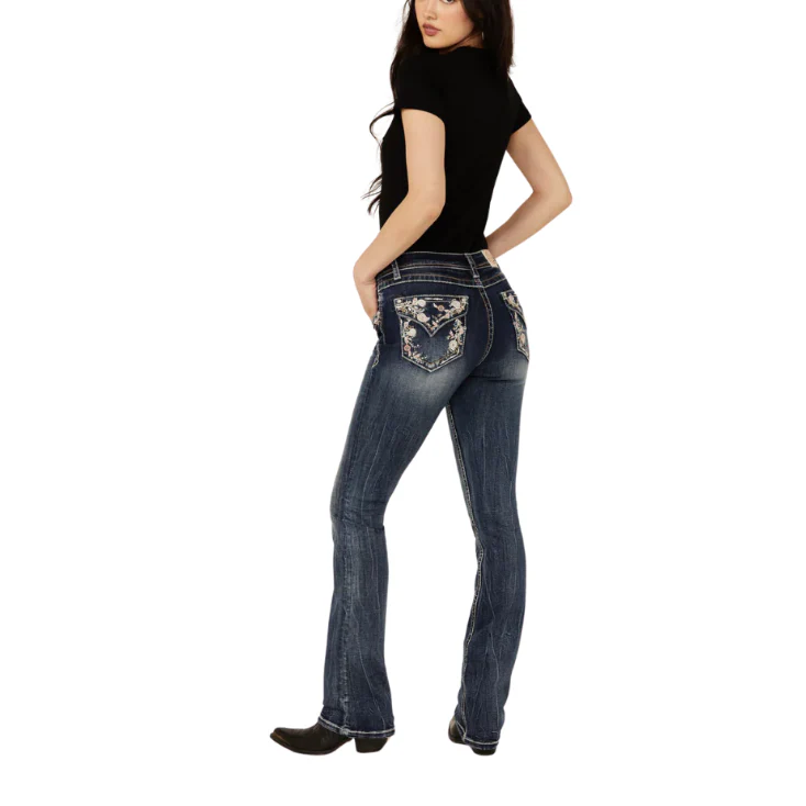 Grace in LA Women's Floral Embroidery Bootcut Jeans- Medium Wash - Image 2