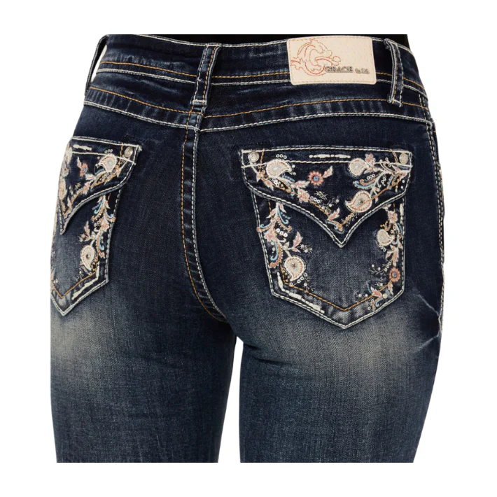 Grace in LA Women's Floral Embroidery Bootcut Jeans- Medium Wash - Image 3