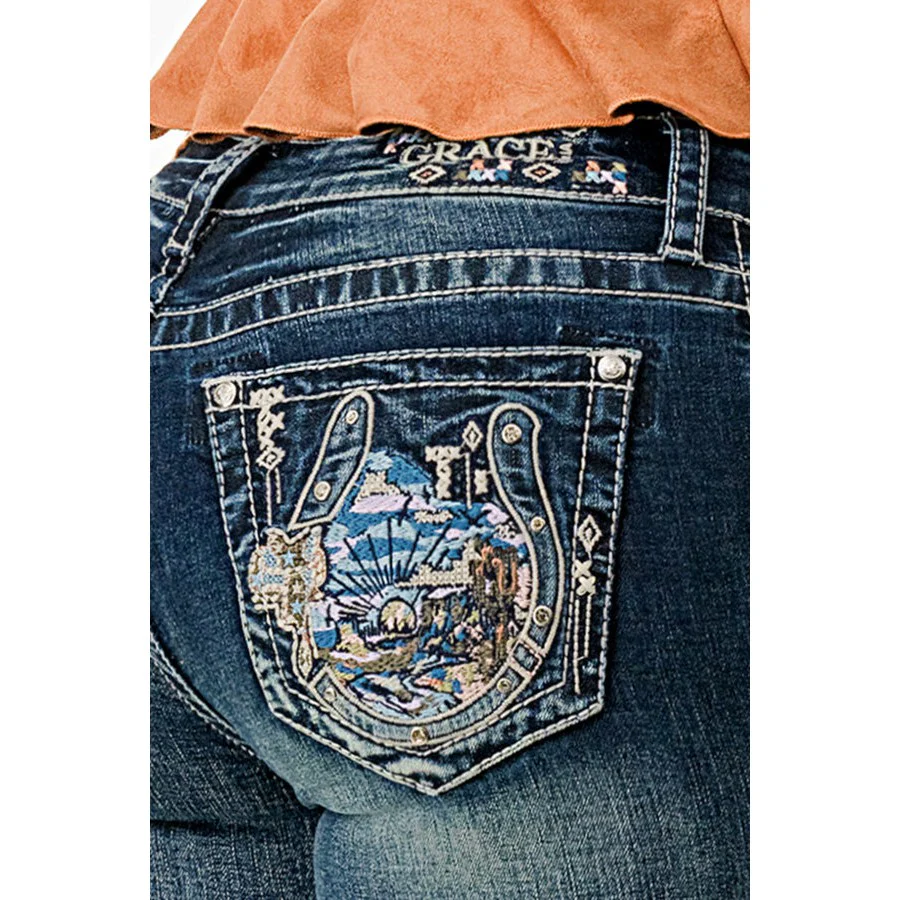 Grace in LA Women's Horseshoe Western Motif Easy Bootcut Jeans - Medium Blue - Image 3