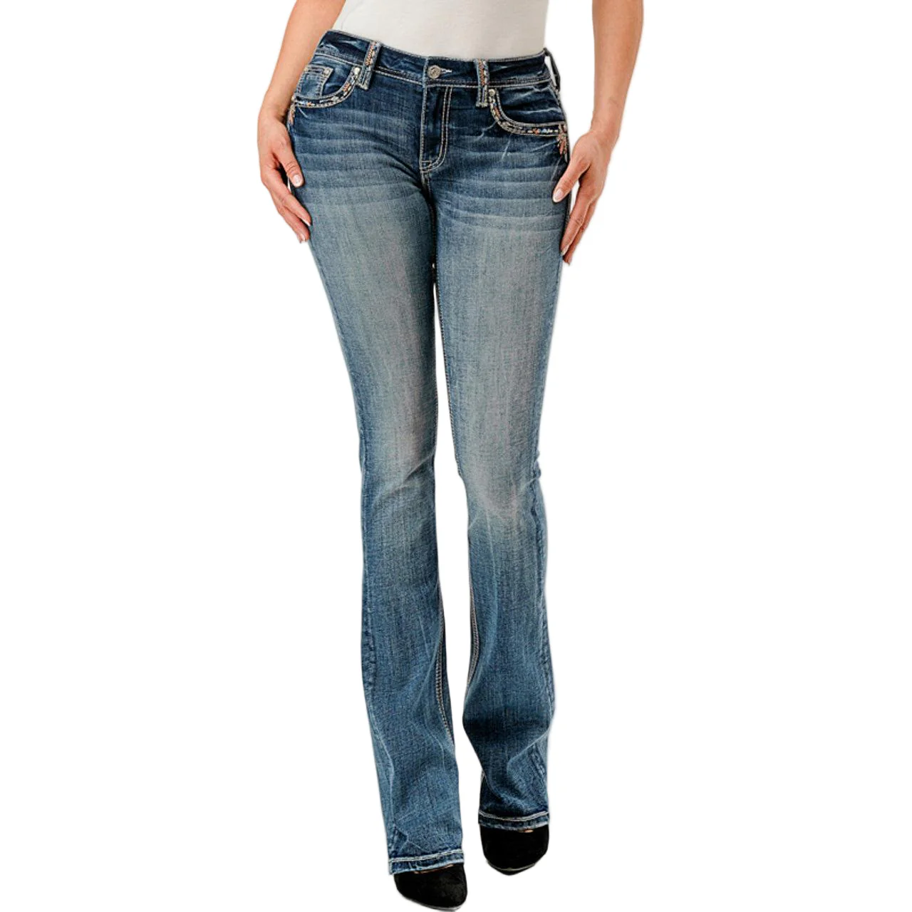 Grace in LA Women's Indian Embellished Midrise Bootcut Jeans - Medium Wash
