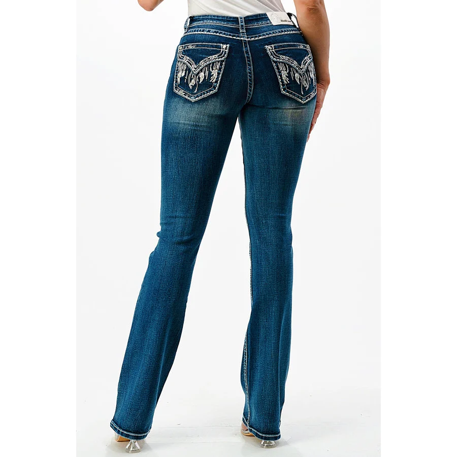 Grace In LA Women's Easy Bootcut Jeans - Feather Faux Flap