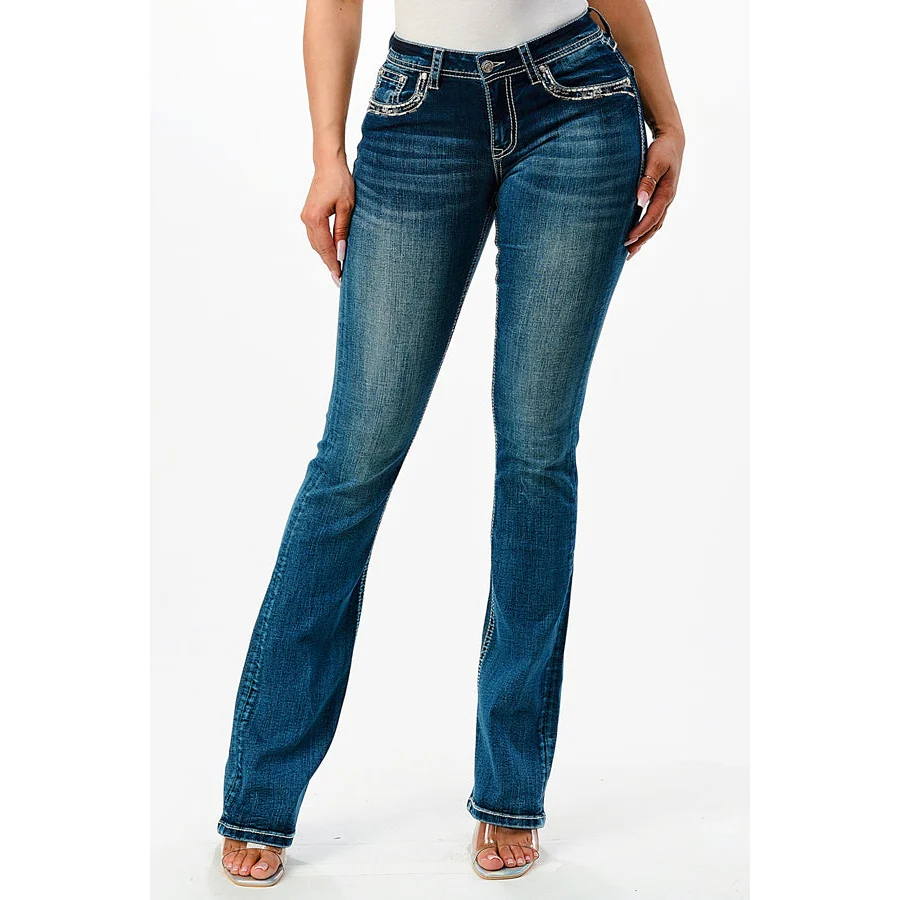 Grace In LA Women's Easy Bootcut Jeans - Feather Faux Flap - Image 2
