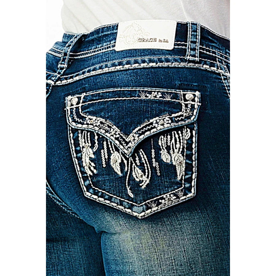 Grace In LA Women's Easy Bootcut Jeans - Feather Faux Flap - Image 3