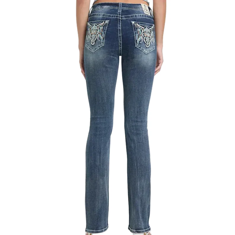 Grace in LA Women's Steer Head & Feathers Embellished Pocket Jeans