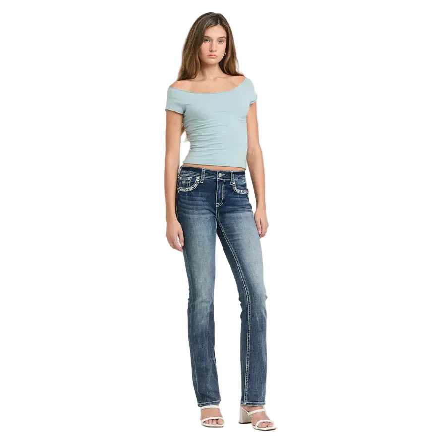 Grace in LA Women's Steer Head & Feathers Embellished Pocket Jeans - Image 2