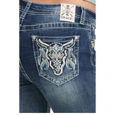 Grace in LA Women's Steer Head & Feathers Embellished Pocket Jeans - Image 3