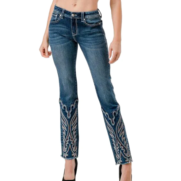 Grace in LA Women's Straight Leg Embroidery Jeans - Dark Wash
