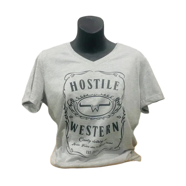 Hostile Western Women's Short Sleeve V Neck Tee Shirt - Grey