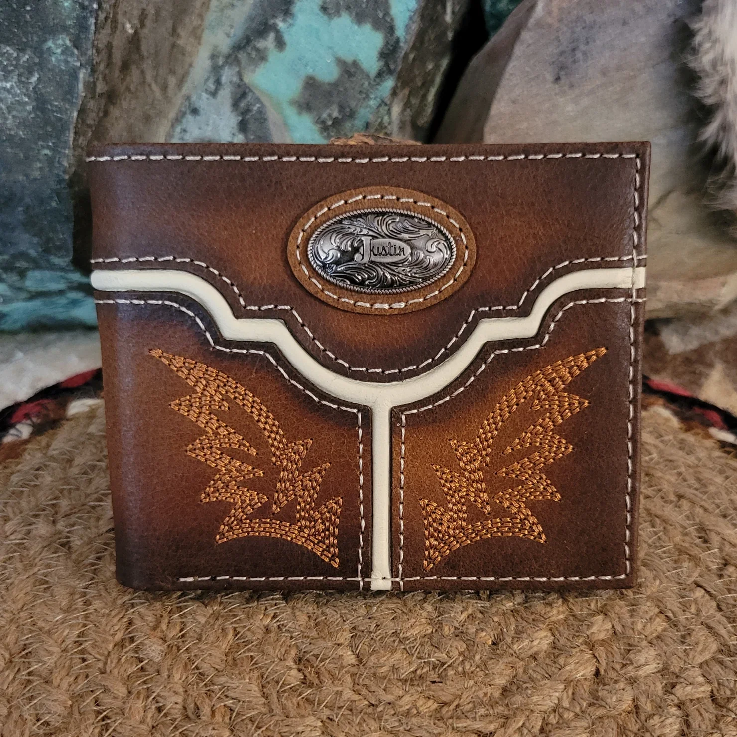Justin Men's Genuine Leather Bifold Wallet with Burnished Tan Yoke & Concho