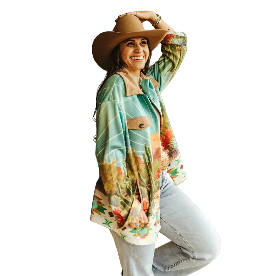 Lucky & Blessed Sunset Cactus Desert Aztec Scene Printed Long Sleeve Shacket - Image 2