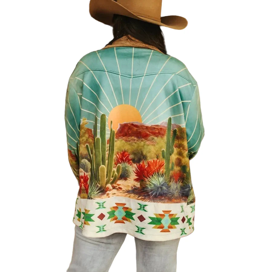 Lucky & Blessed Sunset Cactus Desert Aztec Scene Printed Long Sleeve Shacket - Image 3