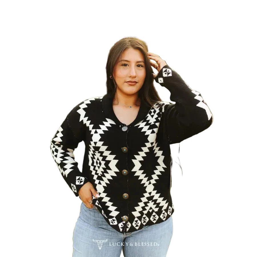 Lucky & Blessed Women's Aztec Knit Long Sleeve Sweater Cardigan - Black/White