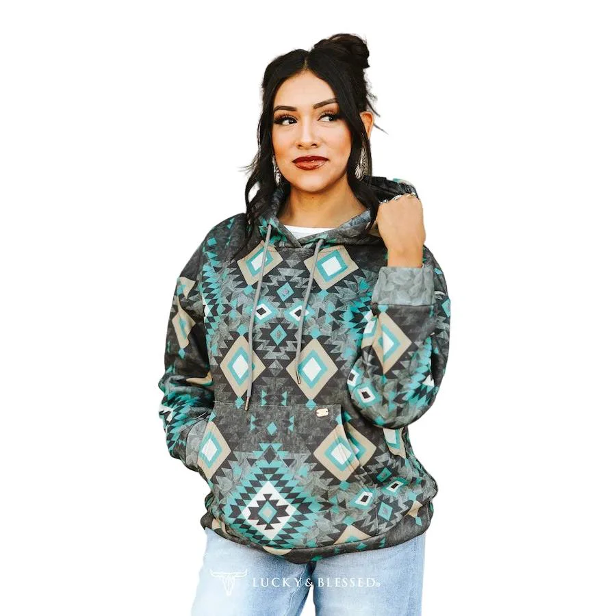 Lucky & Blessed Women's Aztec Printed Drawstring Vintage Hoodie - Black
