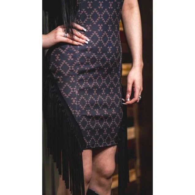 Lucky & Blessed Women's Aztec Printed Side  Fringe Tank Dress- Brown - Image 2