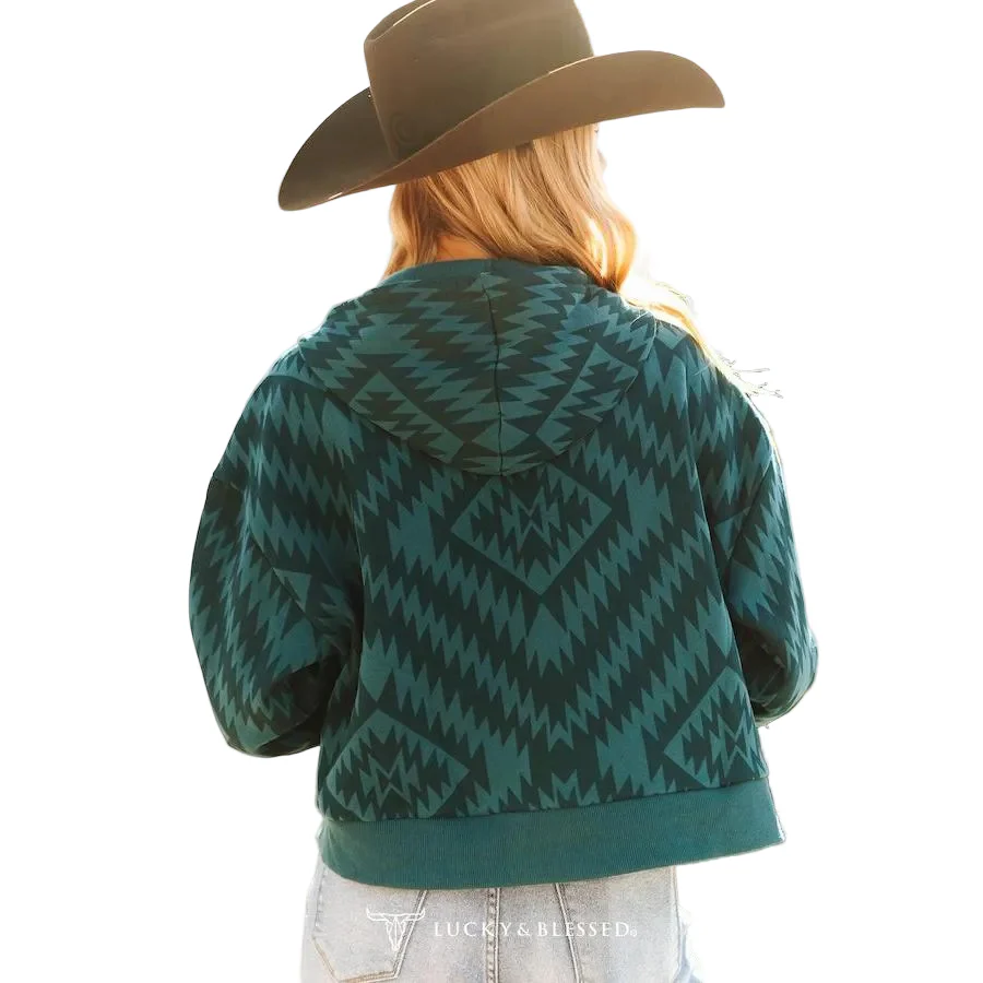 Lucky & Blessed Women's Aztec Printed Zip Up Crop Hoodie - Teal - Image 2