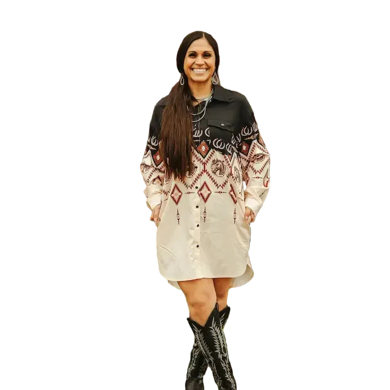 Lucky & Blessed Women's Black Ombre Horse Aztec Button Down Collared Dress