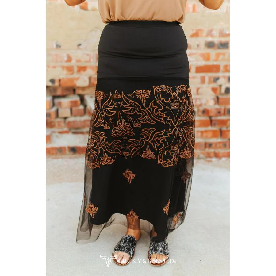 Lucky & Blessed Women's Boot Stitched Embroidered Maxi Skirt - Black