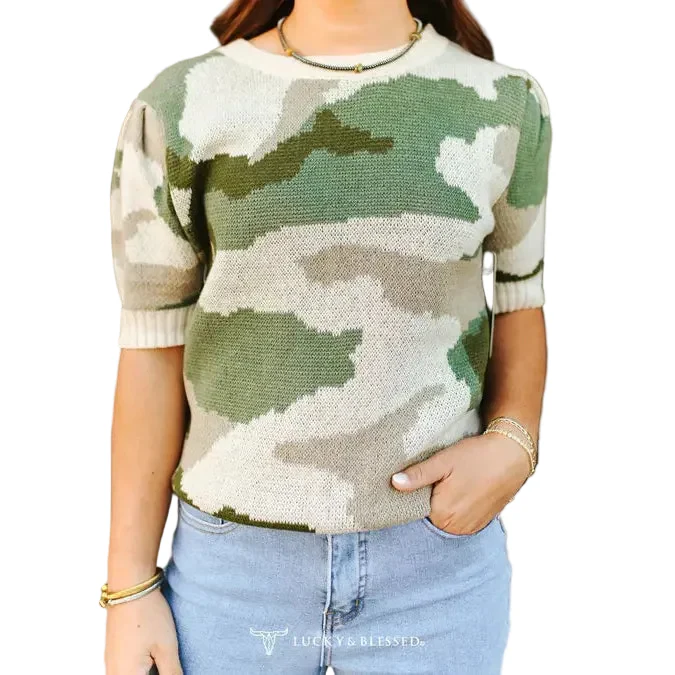 Lucky & Blessed Women's Cable Knit Puff Sleeve Sweater Top - Camo - Image 3