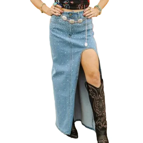 Lucky & Blessed Women's Denim Rhinestone Maxi Skirt